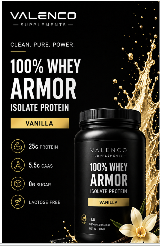 Valenco 100% Whey Armor Isolate Protein, Vanilla flavor — 1 LB tub