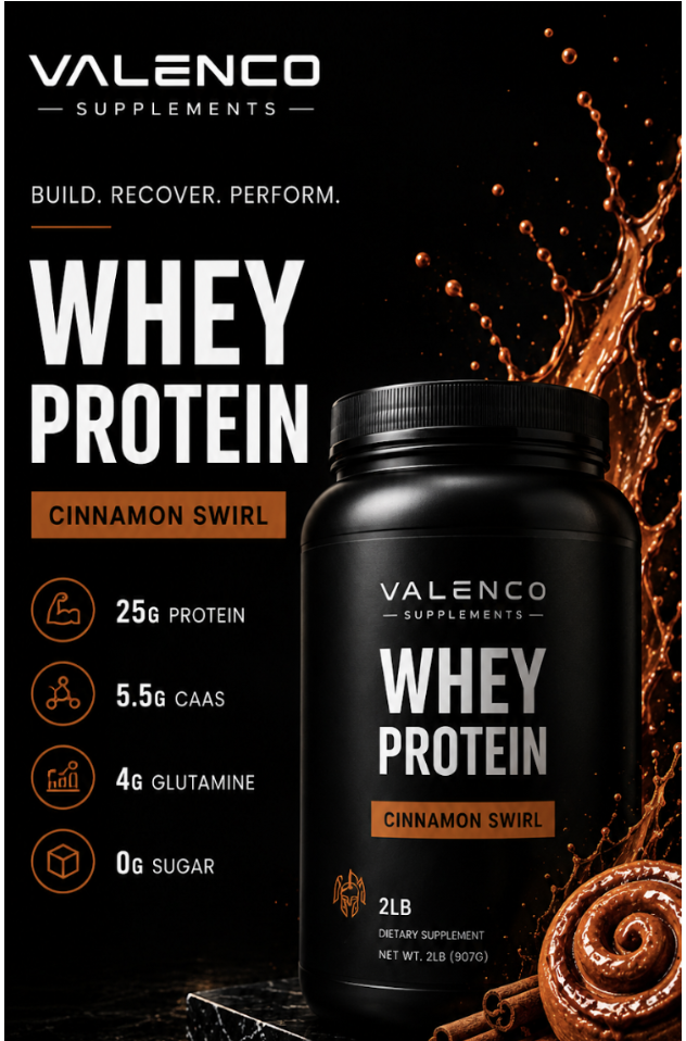 Valenco Whey Protein, Cinnamon Swirl flavor — 2 LB tub